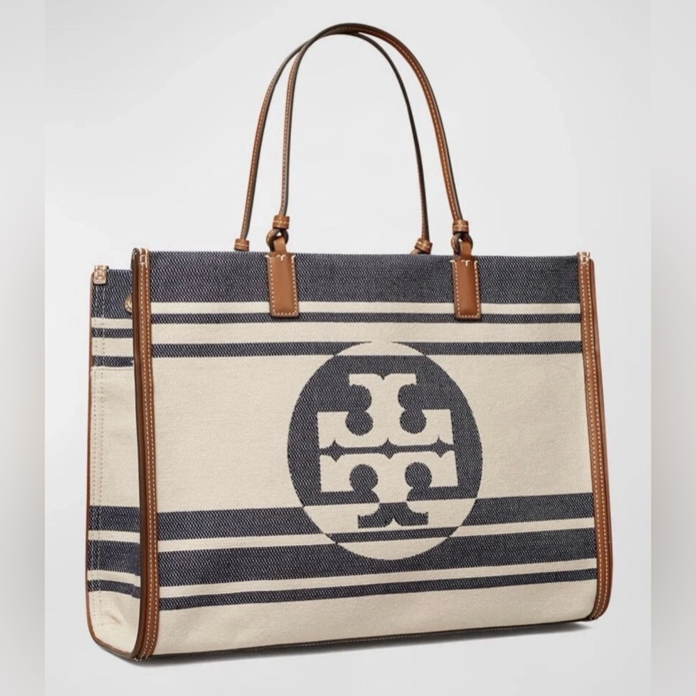 Tory Burch NWT Navy and Cream Striped Canvas Tote with Leather Trim